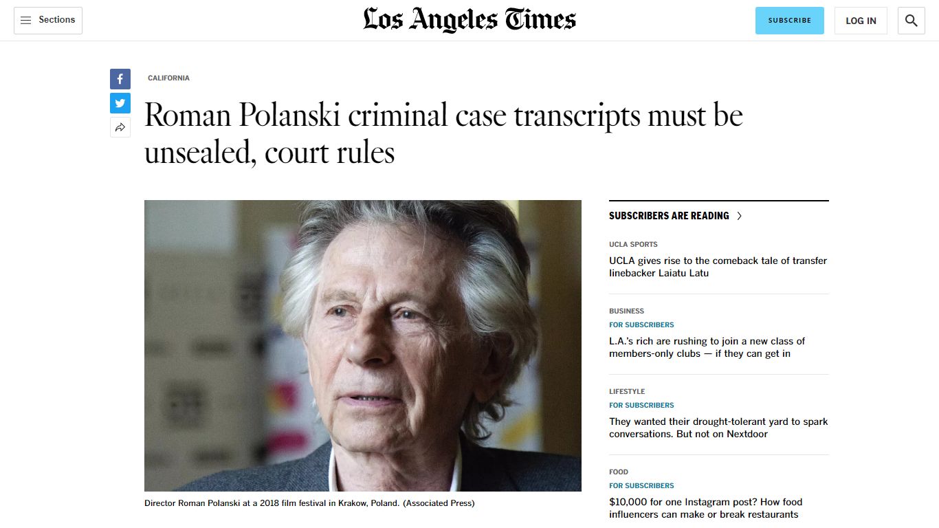 Roman Polanski criminal case transcripts must be unsealed, court rules ...